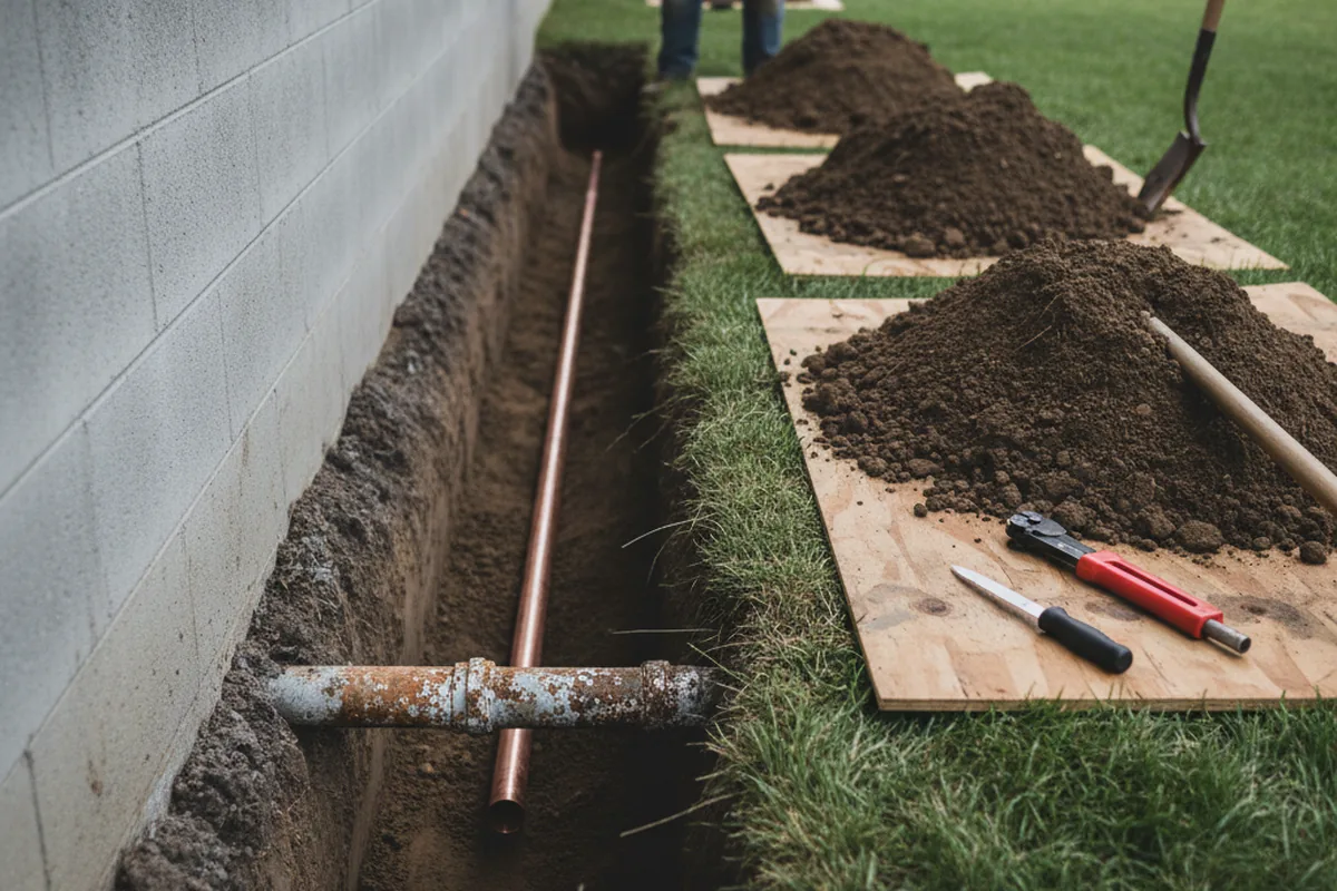 Excavated water line trench during Water Softener Installation in Duke